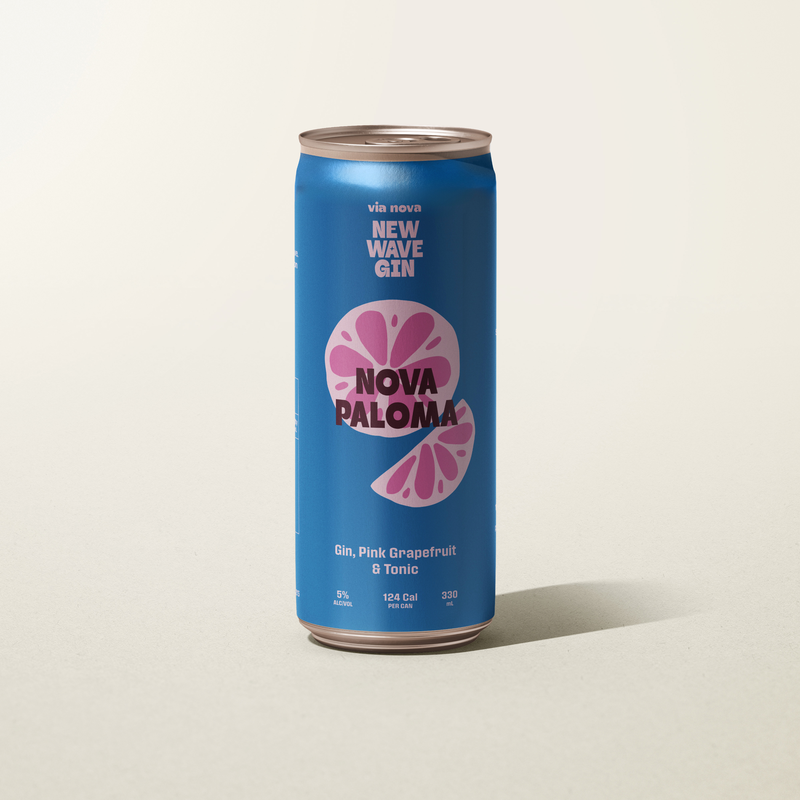 Blue can with 'Nova Paloma' branding on a light beige background