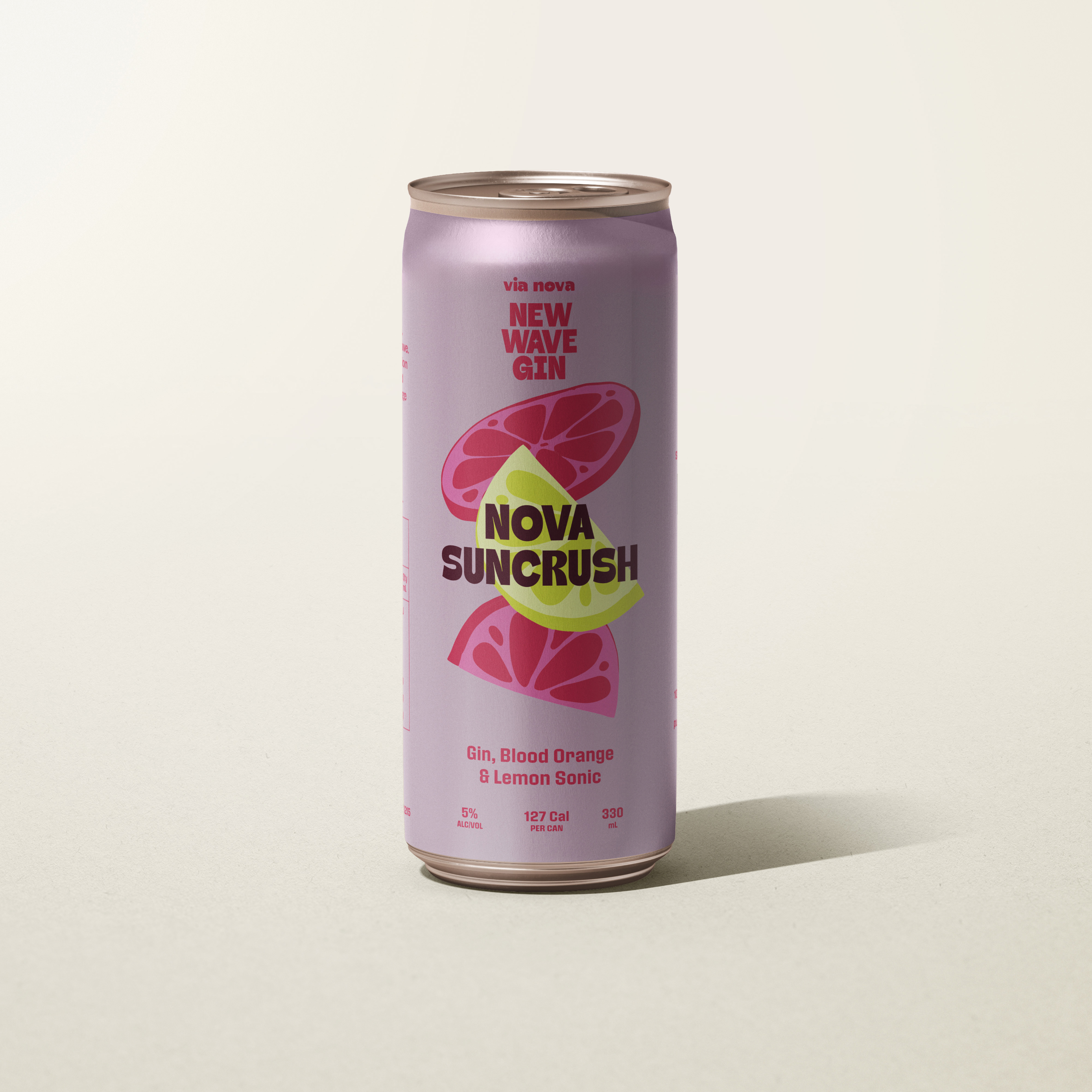 Pink can of Nova Suncrush on a light beige background